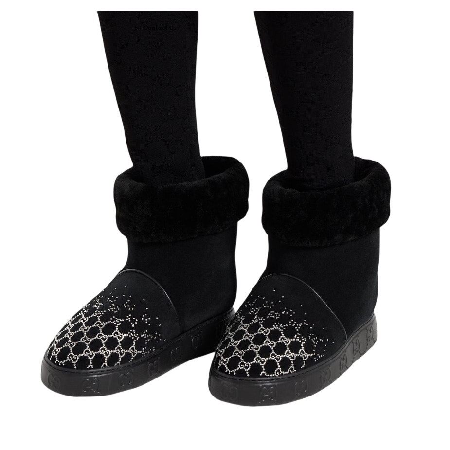 Gucci Gg Crystal Motif Black Suede Boot With Merino Wool Lining Womens 39 / Us 9